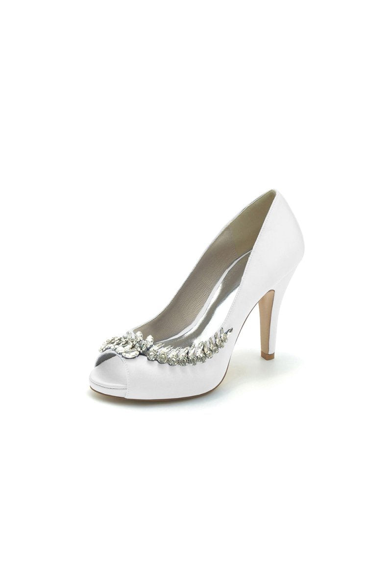 Satin Peep Toe Slip - on Rhinestone High Heels - KissProm