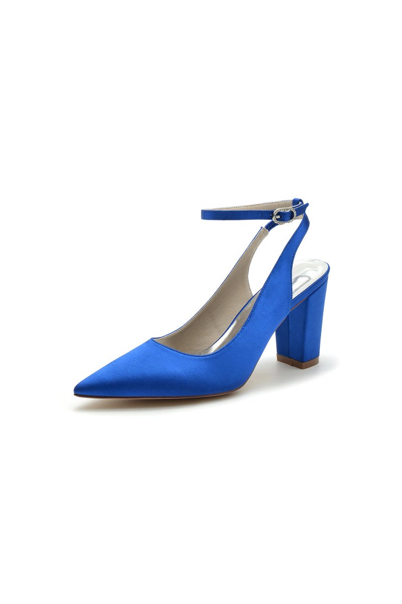 Satin Pointed Toe Ankle Strap Chunky Heels - KissProm