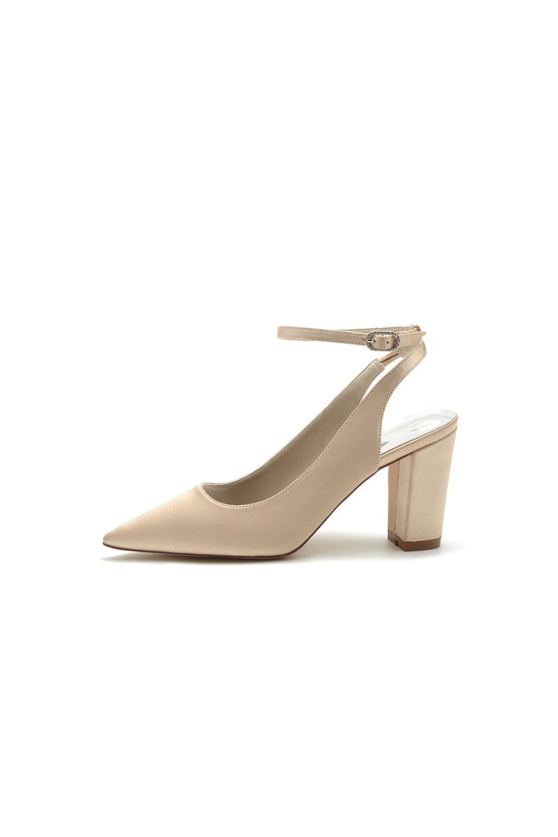 Satin Pointed Toe Ankle Strap Chunky Heels - KissProm