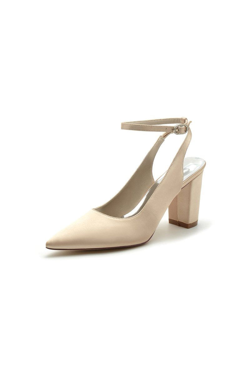 Satin Pointed Toe Ankle Strap Chunky Heels - KissProm