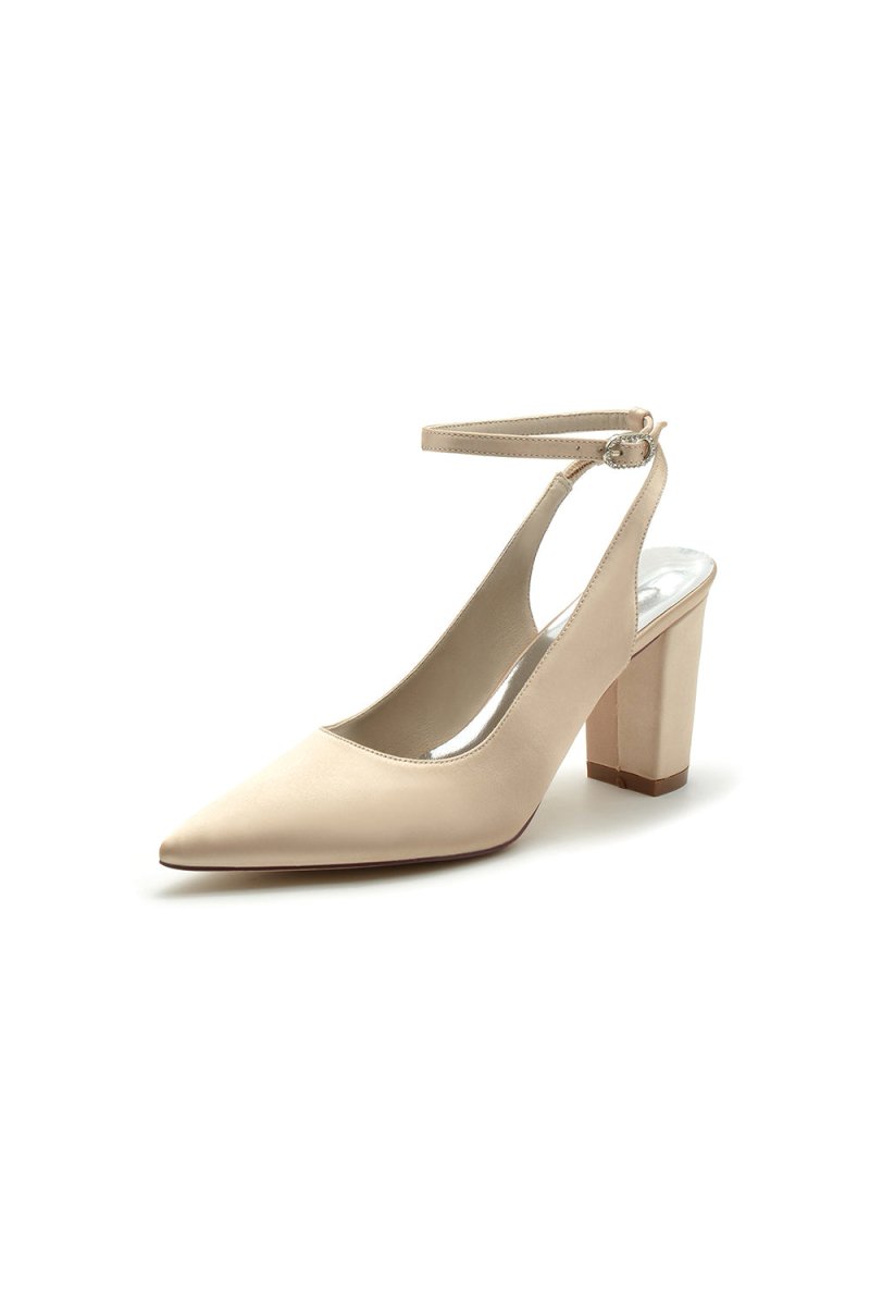 Satin Pointed Toe Ankle Strap Chunky Heels - KissProm
