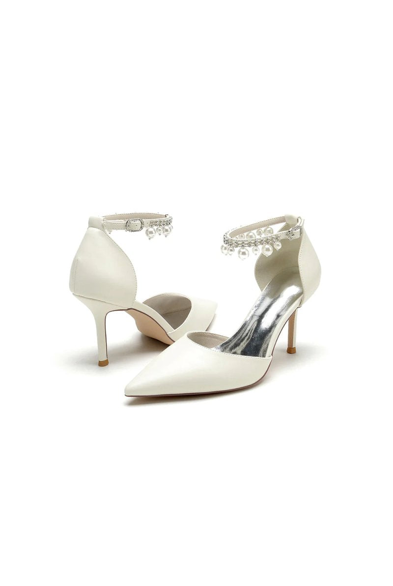 Satin Pointed Toe Pearl Beaded Ankle Strap Simple Wedding Shoes - KissProm