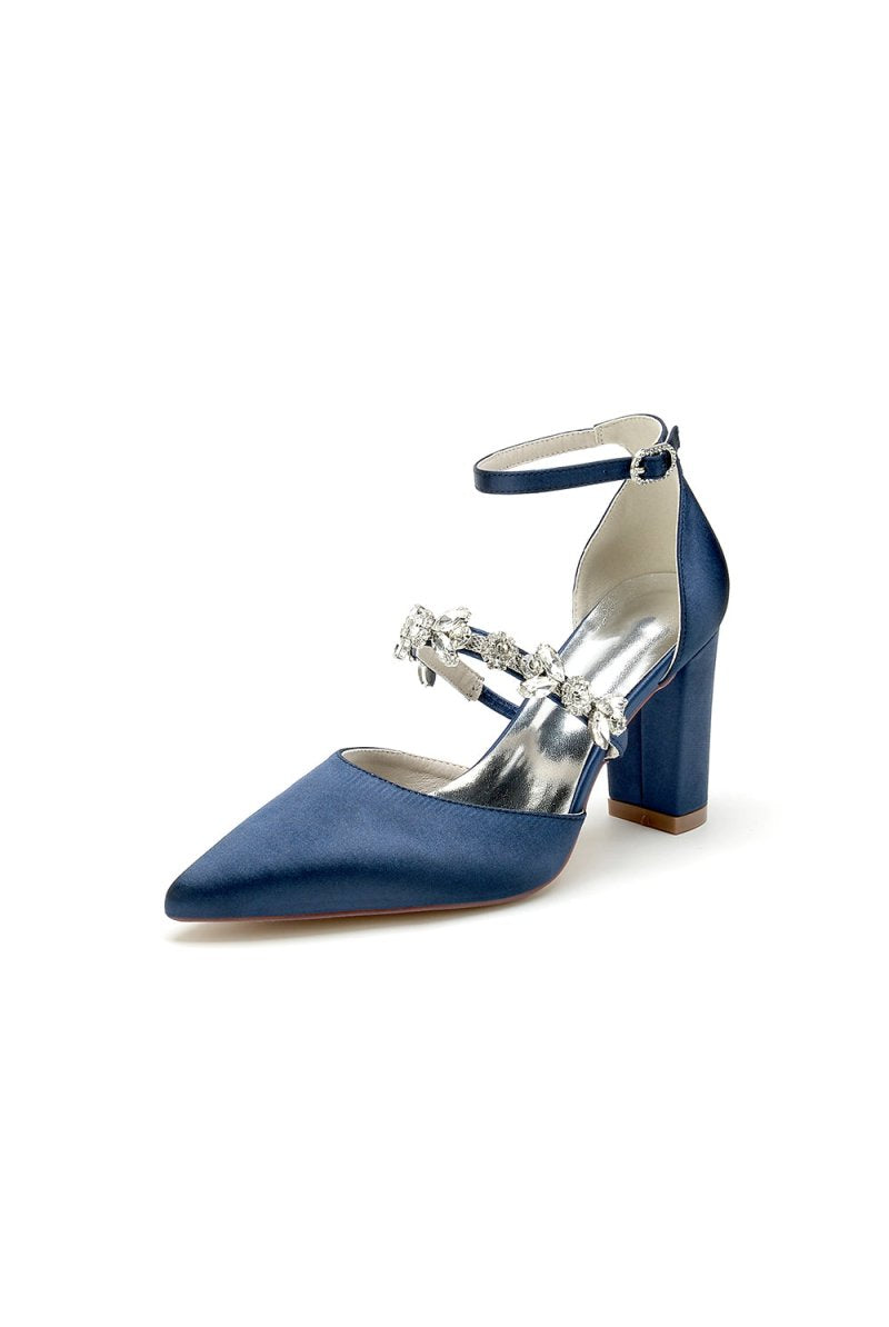 Satin Pointed Toe Rhinestone Strappy Chunky Heels