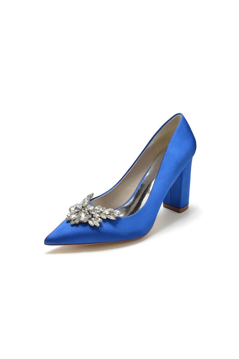 Satin Pointed Toe Slip - on Chunky Heels With Rhinestone - KissProm