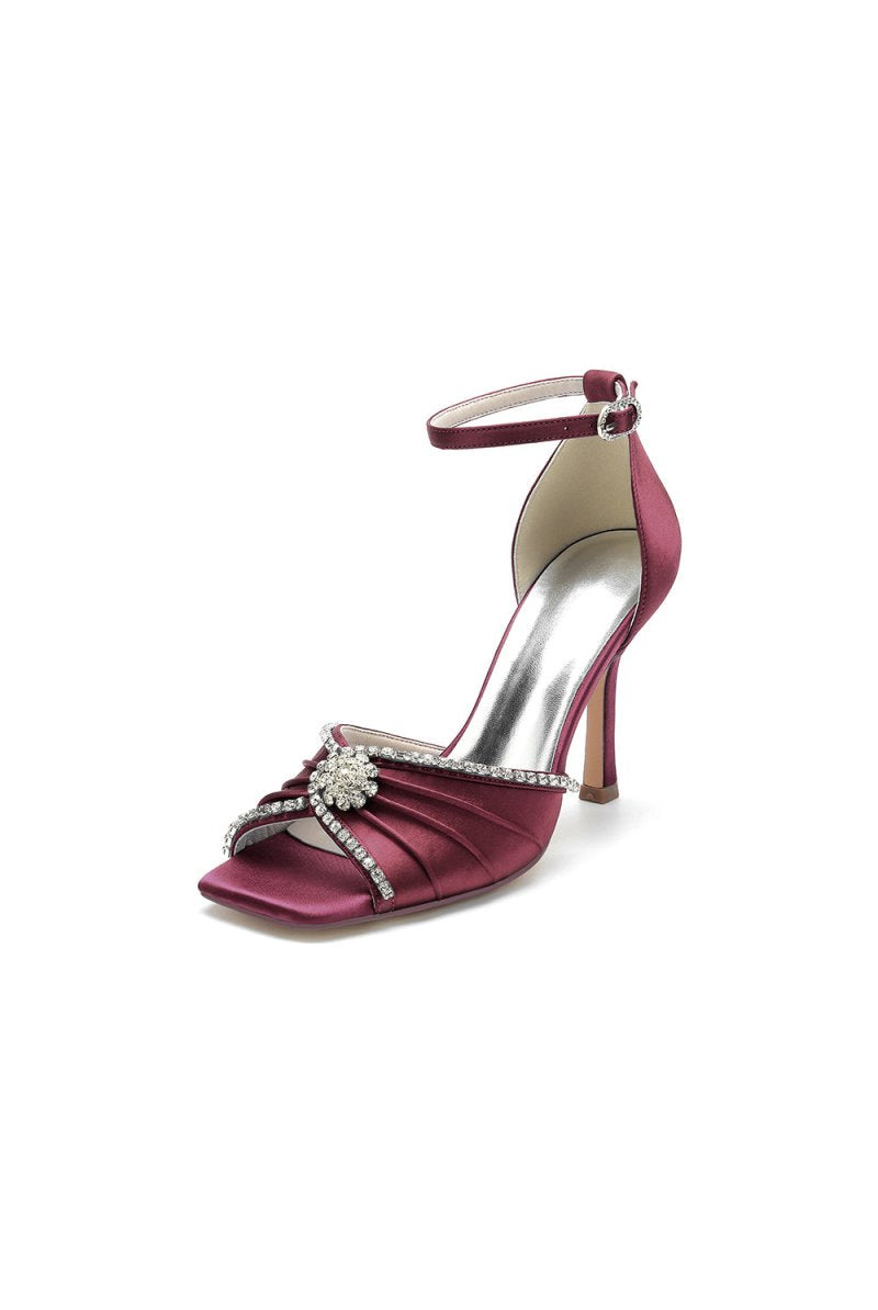 Satin Square OpenToe Stiletto Heels With Rhinestone - KissProm