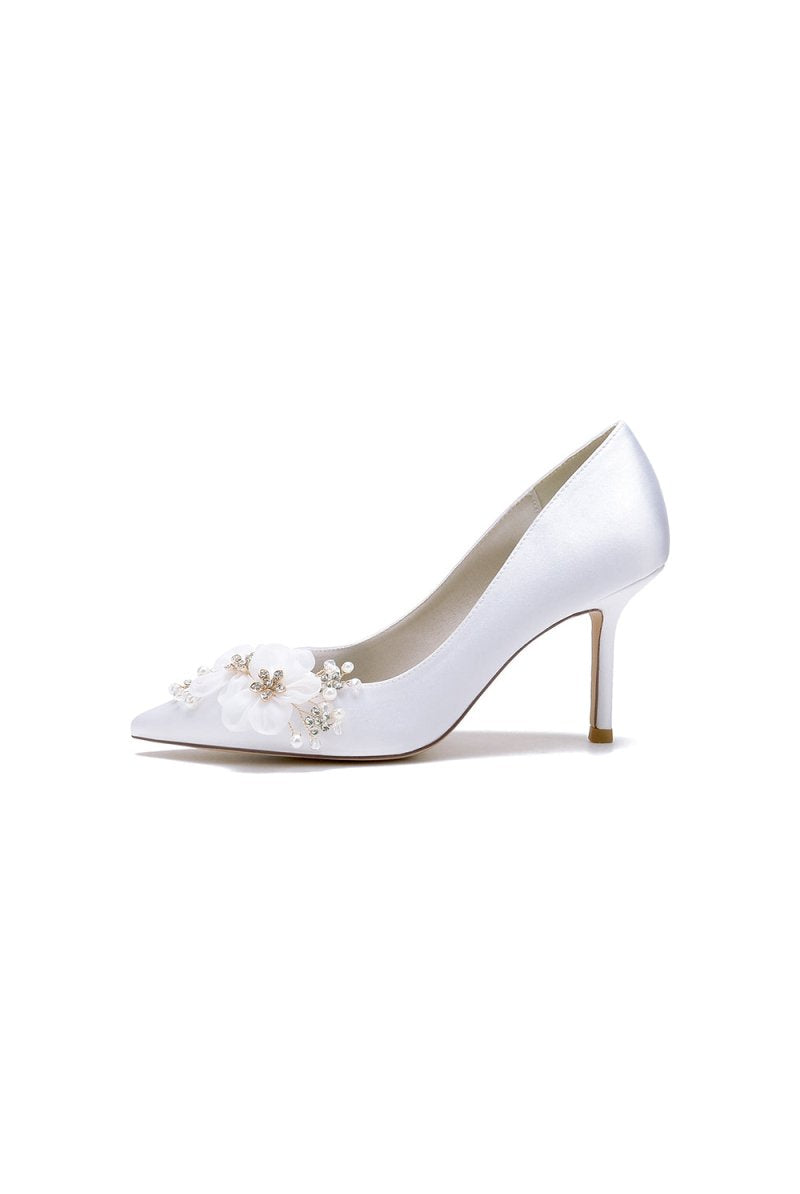 Satin Wedding Shoes Stiletto Heel With Rhinestone Flower - KissProm