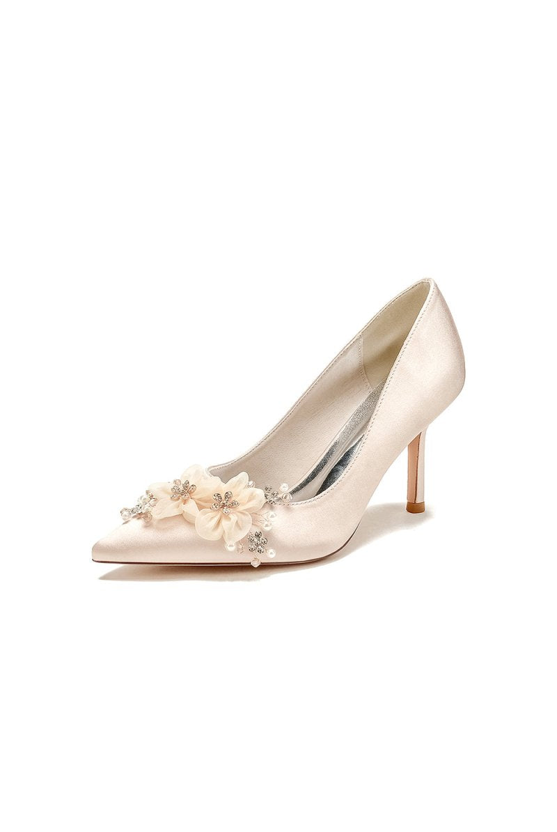 Satin Wedding Shoes Stiletto Heel With Rhinestone Flower - KissProm