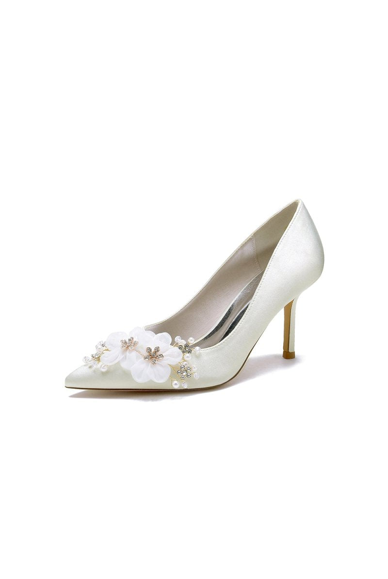 Satin Wedding Shoes Stiletto Heel With Rhinestone Flower - KissProm