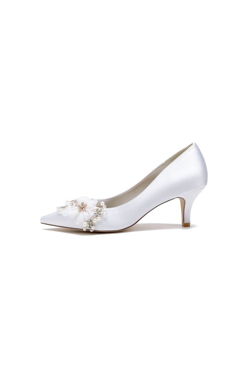 Satin Wedding Shoes Stiletto Heel With Rhinestone Flower - KissProm