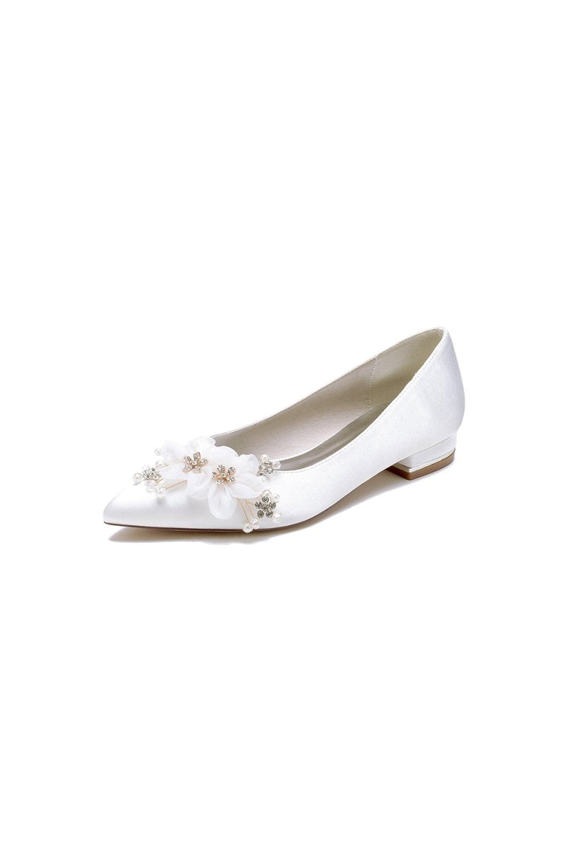 Satin Champagne Flats with Delicate Flower Embellishments - KissProm