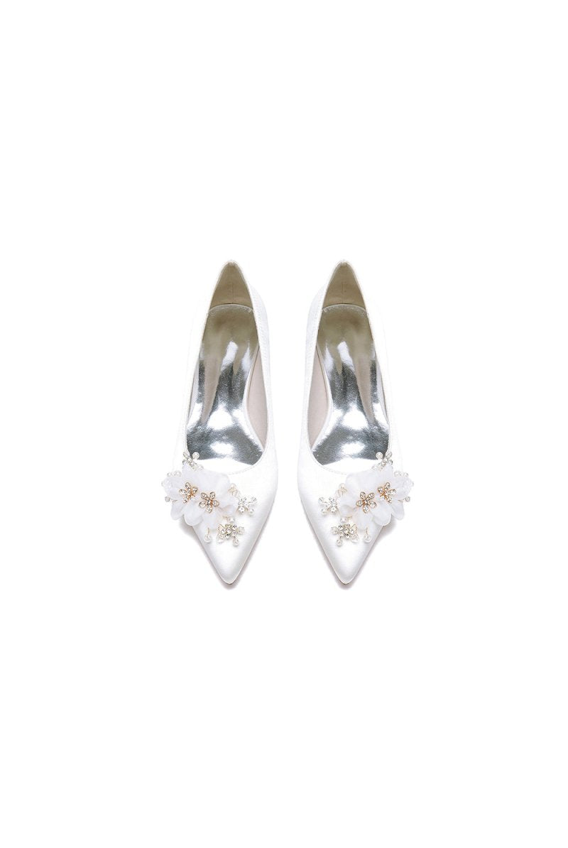 Satin Champagne Flats with Delicate Flower Embellishments - KissProm