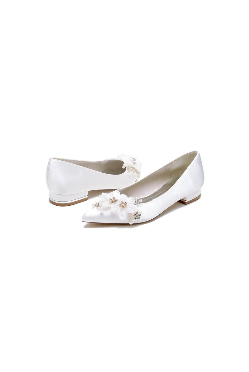 Satin Champagne Flats with Delicate Flower Embellishments - KissProm