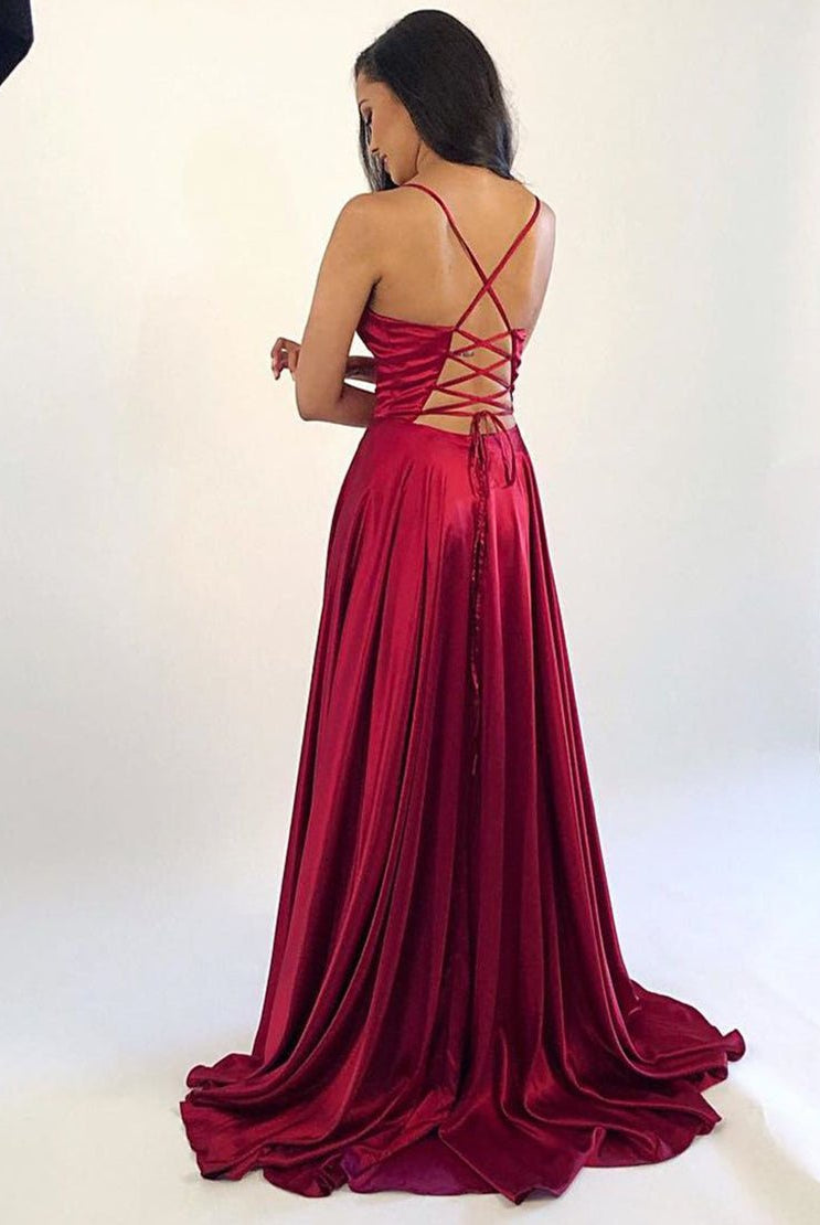 Tanya | Satin Long Dark Red Prom Dress - KissProm