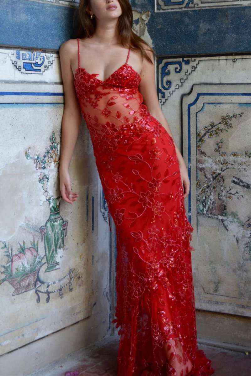 Savine | Red - Spaghetti Straps Mermaid Sequined Lace Long Formal Prom Dresses - KissProm