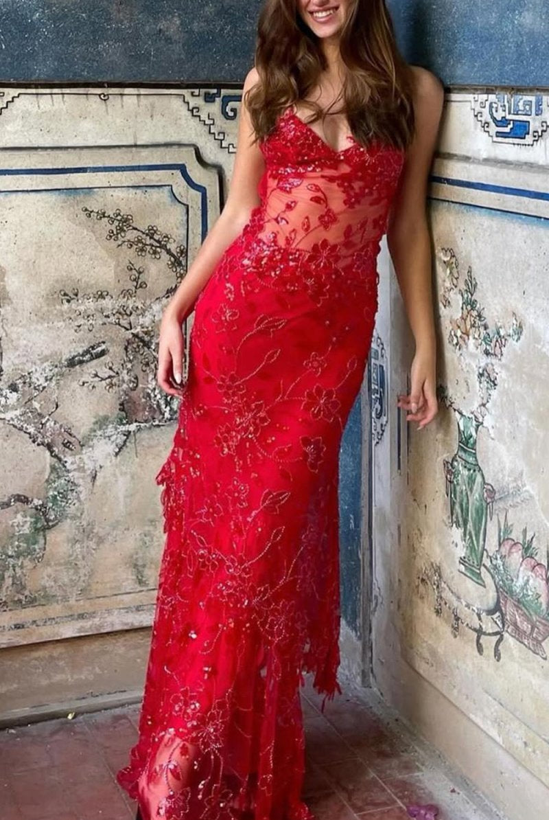 Savine | Red - Spaghetti Straps Mermaid Sequined Lace Long Formal Prom Dresses - KissProm