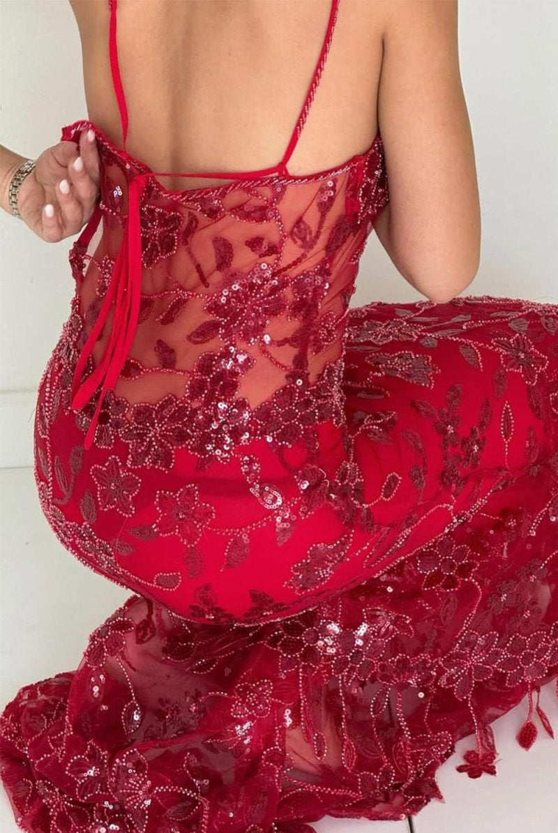Savine | Red - Spaghetti Straps Mermaid Sequined Lace Long Formal Prom Dresses - KissProm