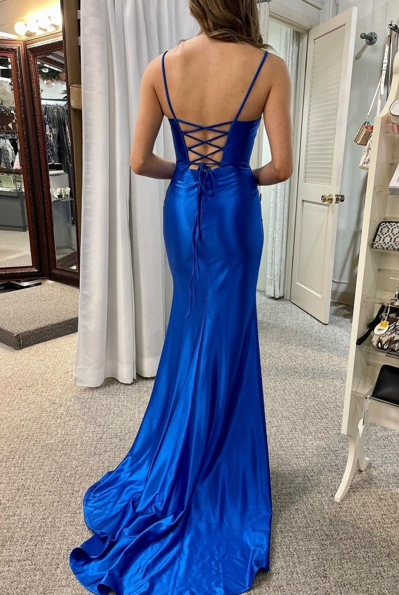 Saxon | Royal Blue Scoop Neck Lace - Up Pleated Mermaid Gown - KissProm