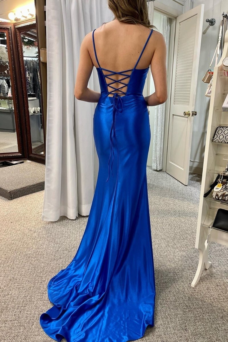 Saxon | Royal Blue Scoop Neck Lace - Up Pleated Mermaid Gown - KissProm