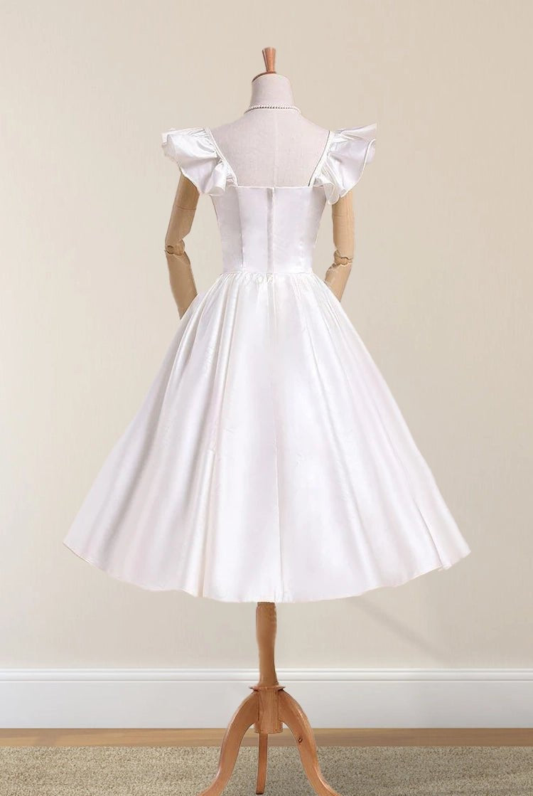 Nayeli | Scalloped Tea-Length Satin Wedding Dress With Pleats