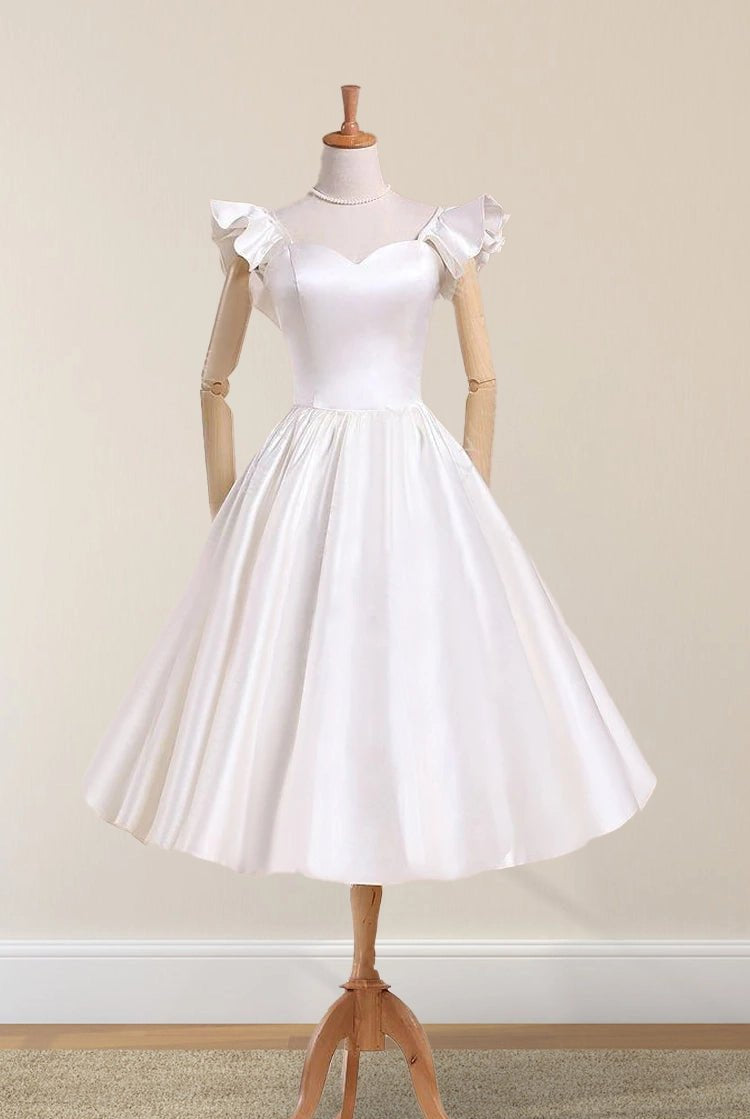 Nayeli | Scalloped Tea-Length Satin Wedding Dress With Pleats