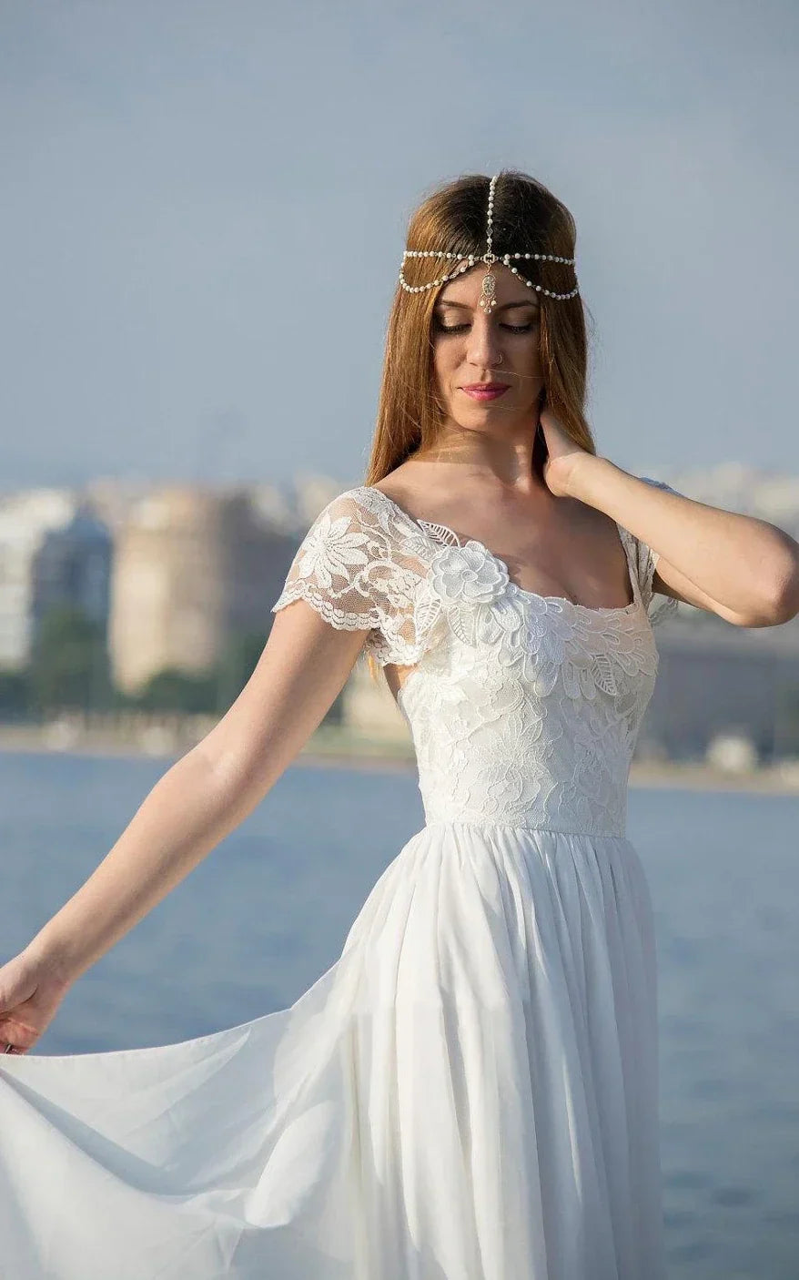 Scoop Cap Sleeves Backless Long Chiffon Lace Appliques Wedding Dress w Scoop Cap Sleeves Backless Long Chiffon Lace Appliques Wedding Dress w