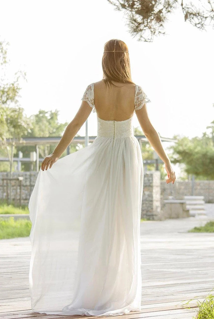 Scoop Cap Sleeves Backless Long Chiffon Lace Appliques Wedding Dress withTrain
