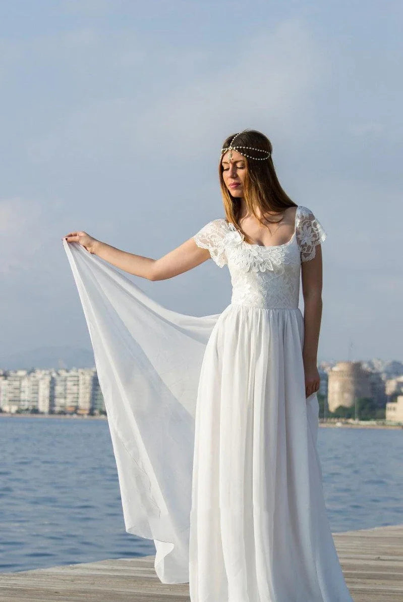 Scoop Cap Sleeves Backless Long Chiffon Lace Appliques Wedding Dress withTrain