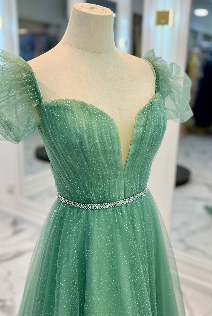 Lilyana | Sea Glass Tulle A - line V Neckline Off - Shoulder Long Prom Dress - KissProm