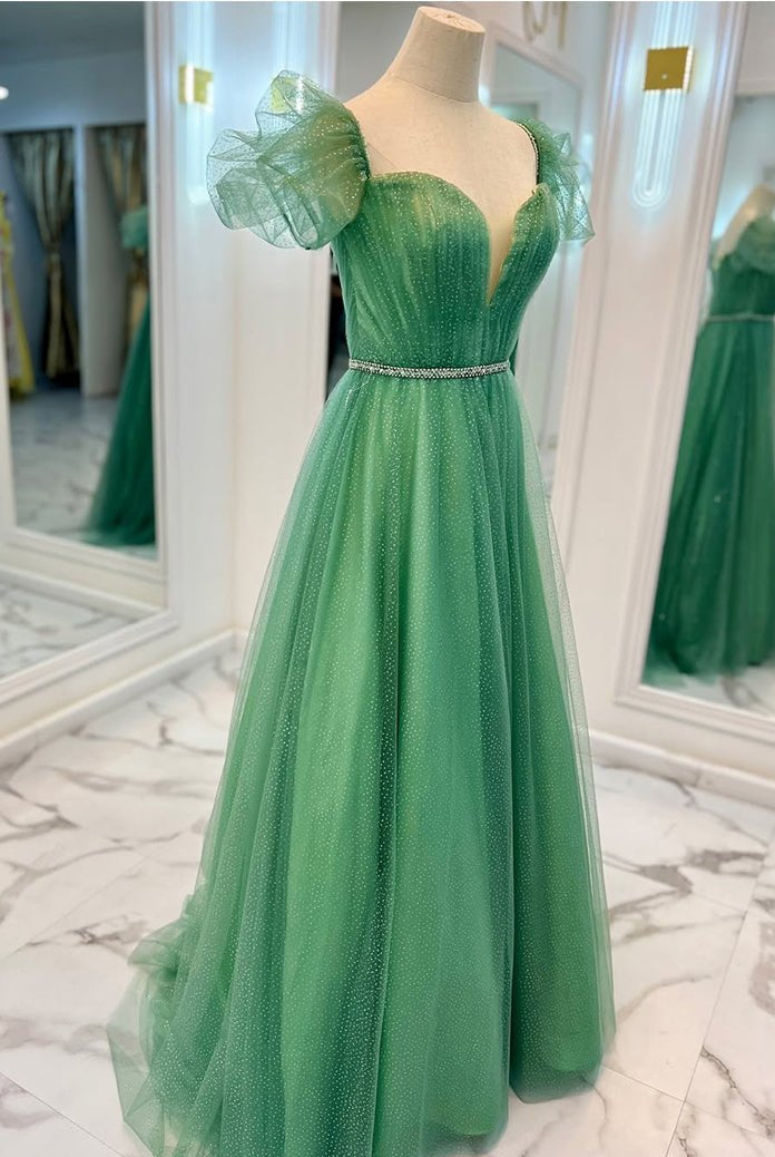 Lilyana | Sea Glass Tulle A - line V Neckline Off - Shoulder Long Prom Dress - KissProm