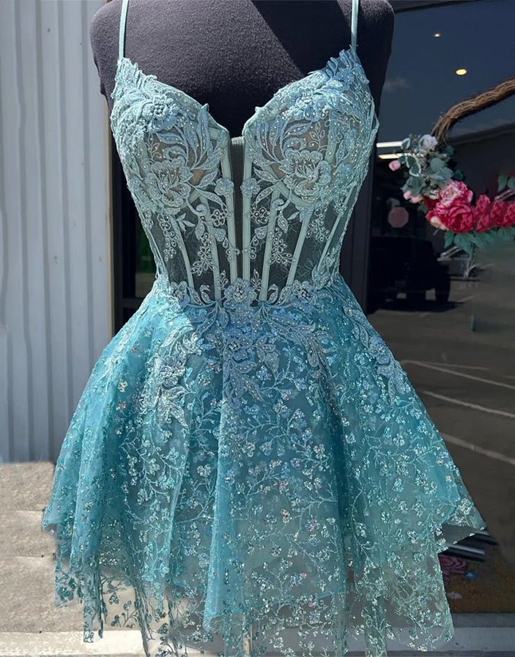 Heiden | A-Line Spaghetti Straps Short Homecoming Dress with Appliques