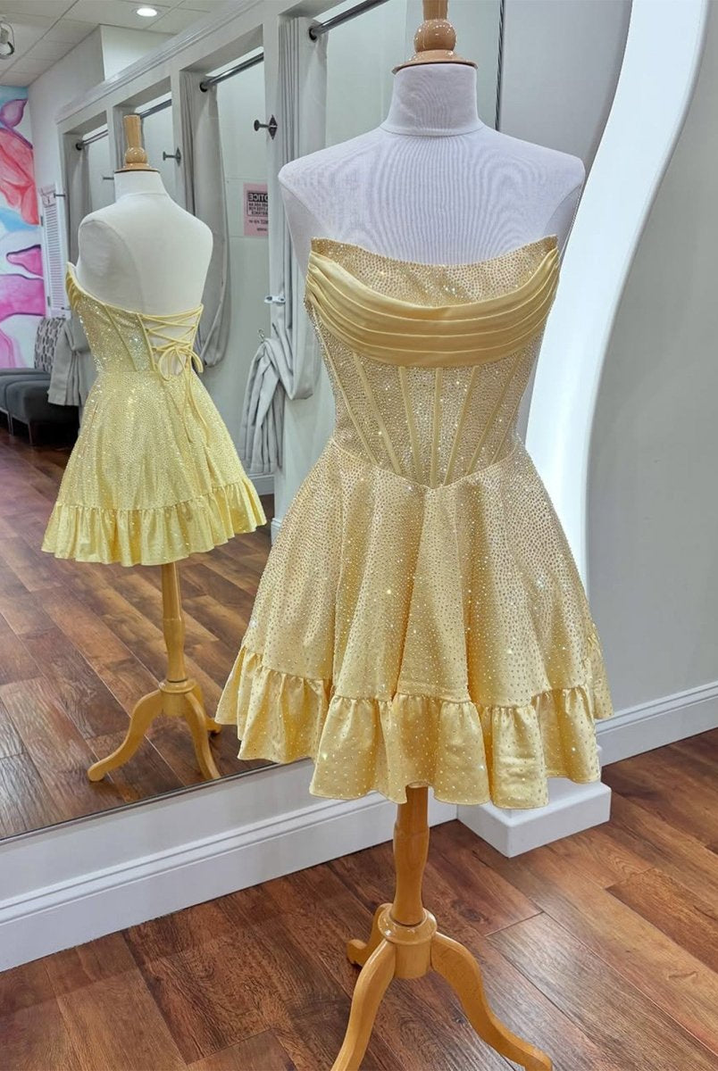 Selima | Yellow - A Line Scoop Neck Satin Corset Ruffled Homecoming Dresses With Beadings