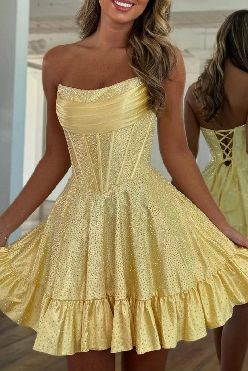 Selima | Yellow - A Line Scoop Neck Satin Corset Ruffled Homecoming Dresses With Beadings