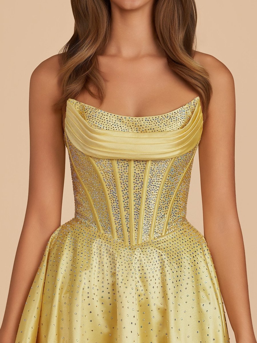 Selima | Yellow - A Line Scoop Neck Satin Corset Ruffled Homecoming Dresses With Beadings