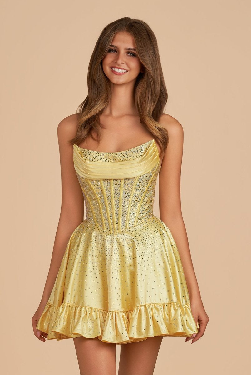Selima | Yellow - A Line Scoop Neck Satin Corset Ruffled Homecoming Dresses With Beadings