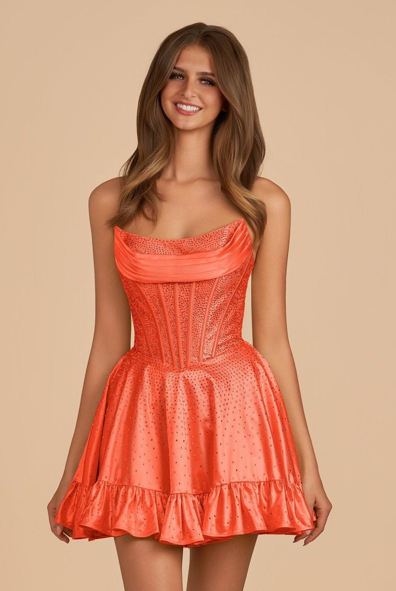 Selima | Bright Orange - A Line Scoop Neck Satin Corset Ruffled Homecoming Dresses With Beadings