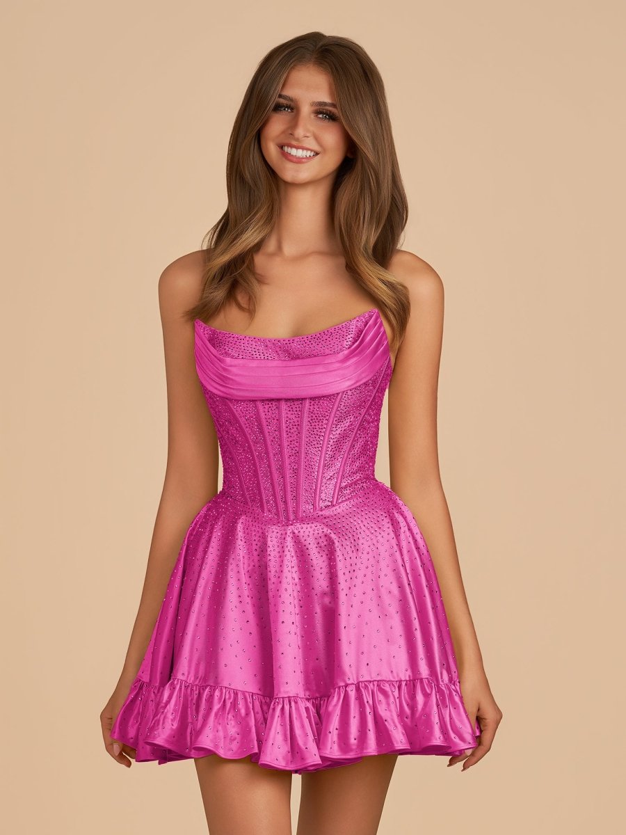 Selima | Fuchsia - A Line Scoop Neck Satin Corset Ruffled Homecoming Dresses With Beadings