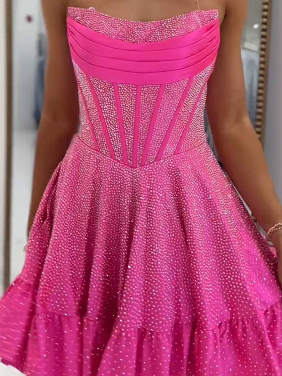 Selima | Fuchsia - A Line Scoop Neck Satin Corset Ruffled Homecoming Dresses With Beadings