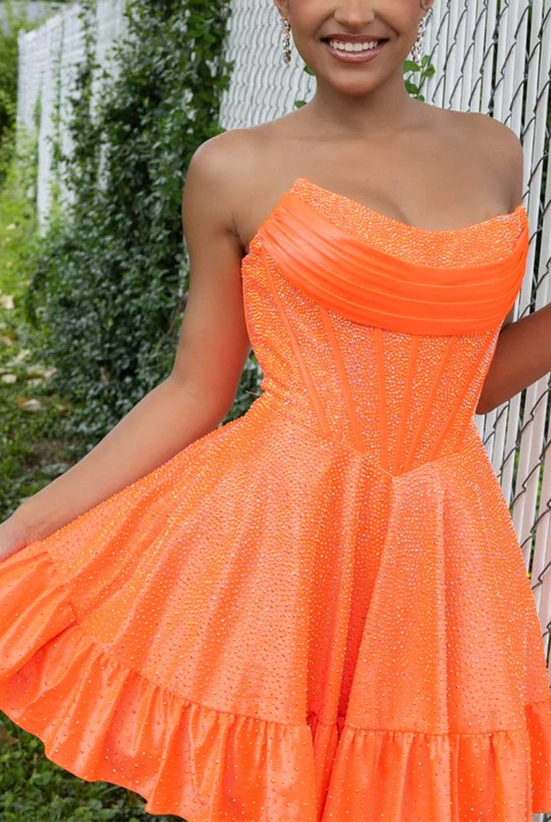 Selima | Orange - A Line Scoop Neck Satin Corset Ruffled Homecoming Dresses With Beadings