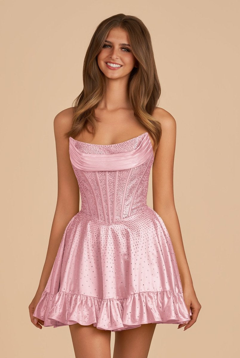 Selima | Pink - A Line Scoop Neck Satin Corset Ruffled Homecoming Dresses With Beadings