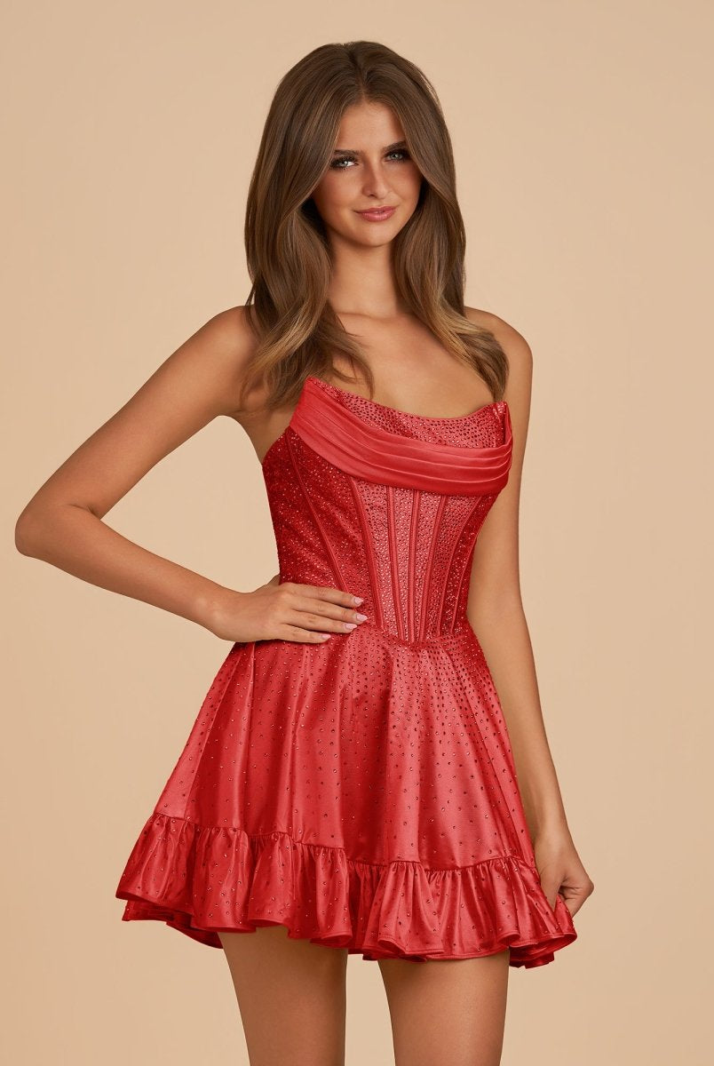 Selima | Red - A Line Scoop Neck Satin Corset Ruffled Homecoming Dresses With Beadings