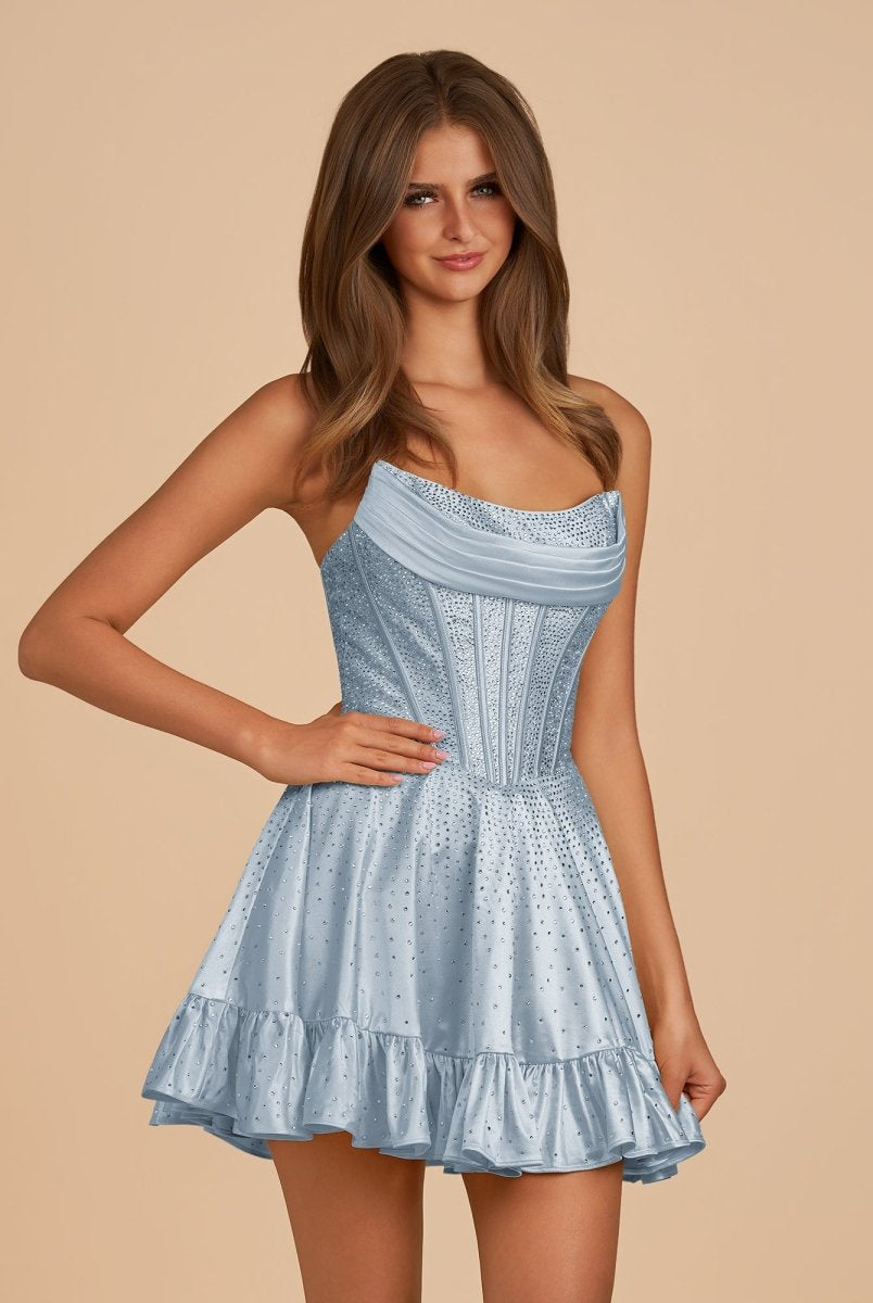Selima | Sky Blue - A Line Scoop Neck Satin Corset Ruffled Homecoming Dresses With Beadings - KissProm