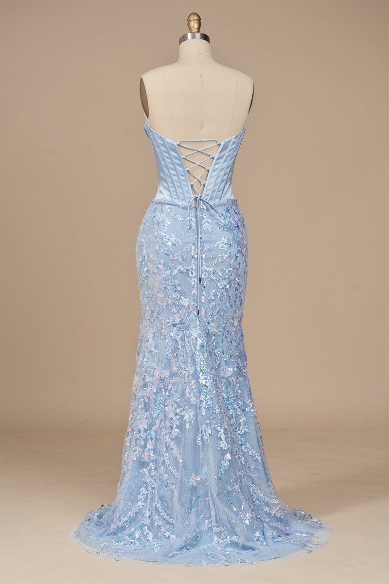 Seliya | Sky Blue - Strapless Mermaid Sequined Lace Long Formal Prom Dresses With Slit - KissProm