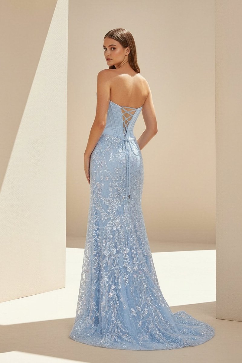 Seliya | Sky Blue - Strapless Mermaid Sequined Lace Long Formal Prom Dresses With Slit - KissProm