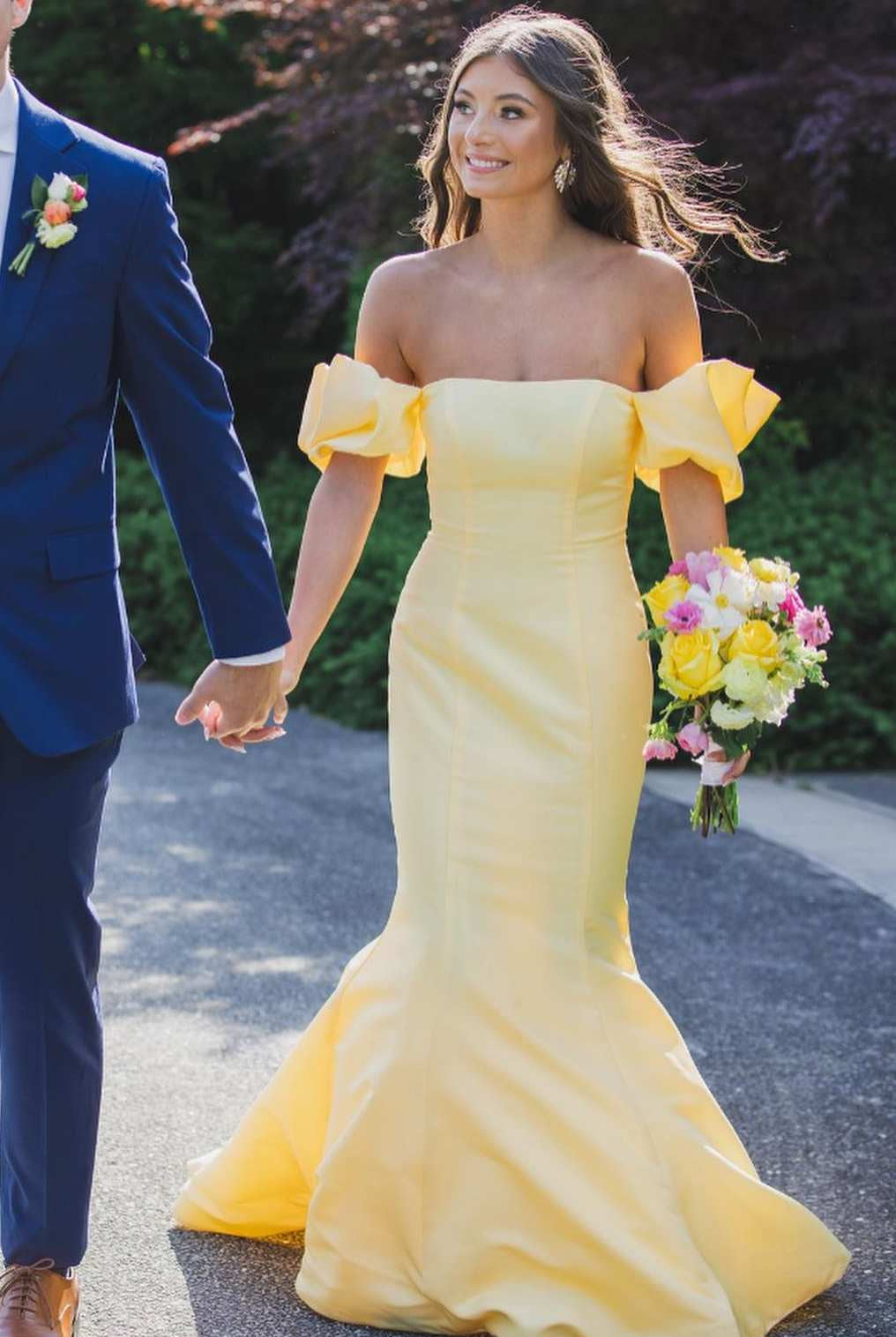 Seoni | Yellow Satin Strapless Mermaid Pleated Long Formal Prom Dress with Sleeves