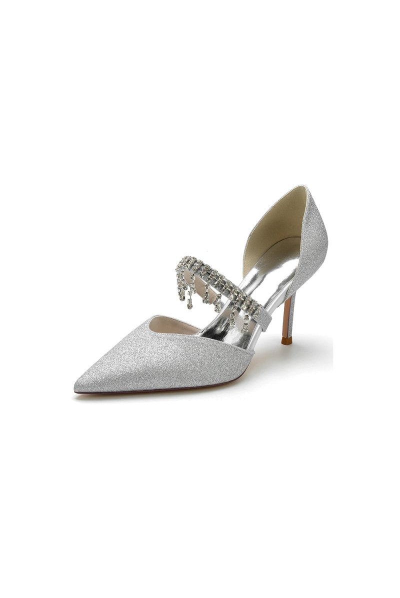 Sequin Crystal Strap Pointed Toe High Heels - KissProm