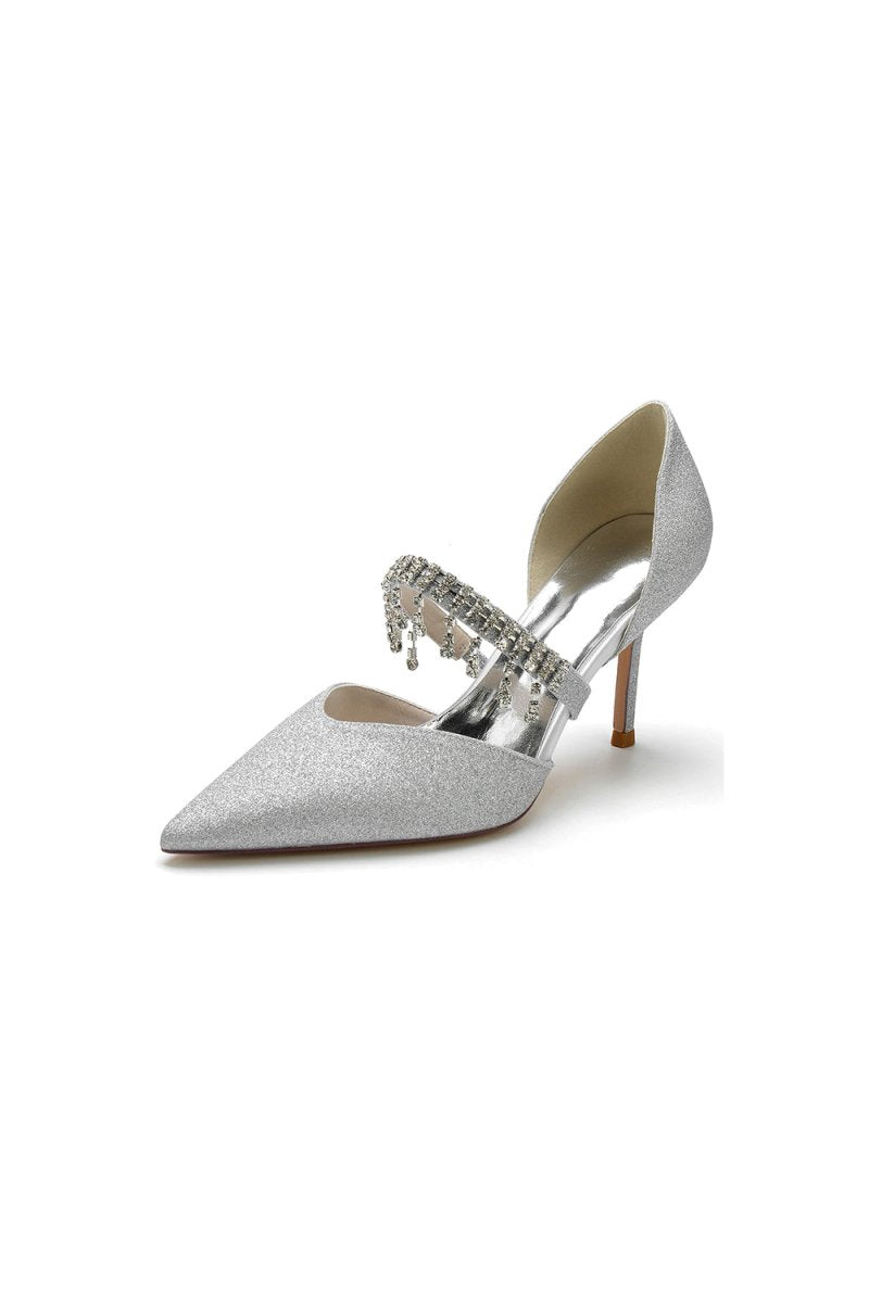 Sequin Crystal Strap Pointed Toe High Heels - KissProm