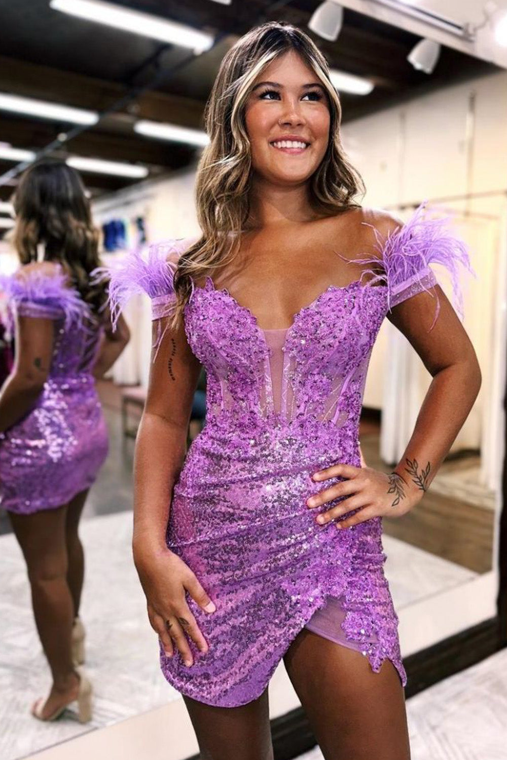 Sequin Off The Shoulder Lace Up Mini Party Dresses With Feather Sequin Off The Shoulder Lace Up Mini Party Dresses With Feather