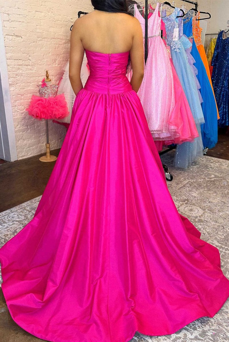 Seraphia | Strapless Fuchsia Beaded A - Line Long Prom Dresss - KissProm