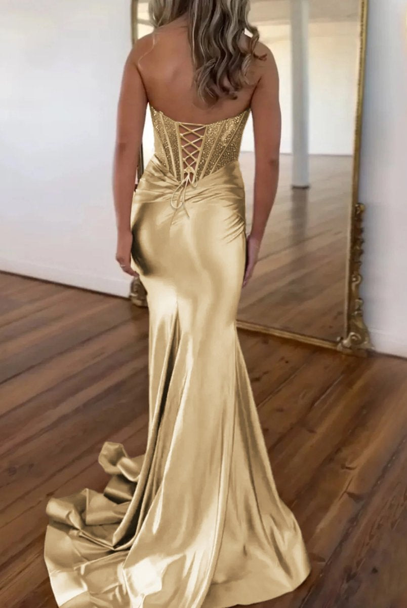 Serin | Gold - Strapless Mermaid Satin Long Prom Dress With Beading-KissProm