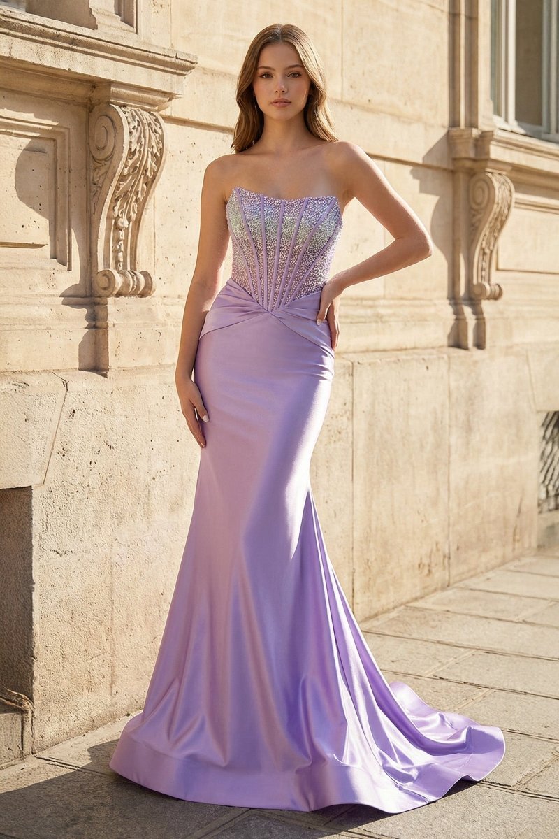 KissProm Purple Strapless Mermaid Satin Long Prom Dress With Beading, Fuchsia / 2
